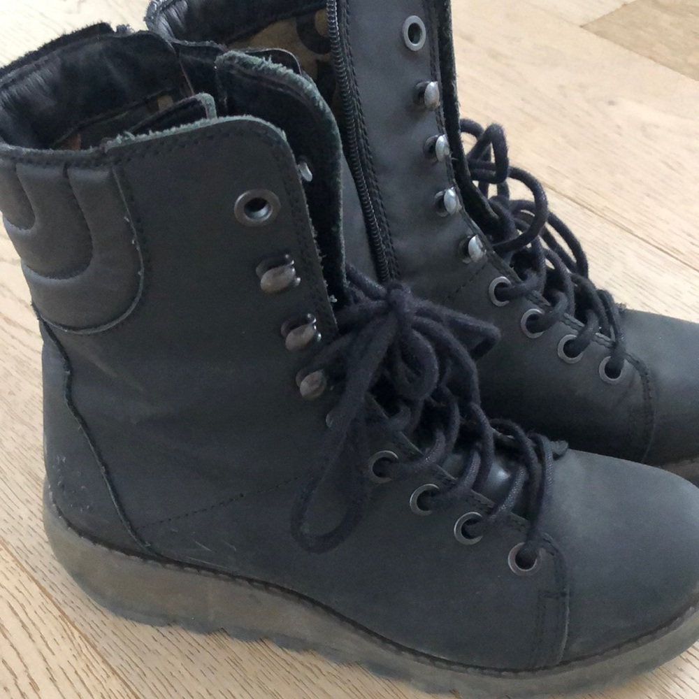 Fly London Black Combat Moto Boots with High-Top Design